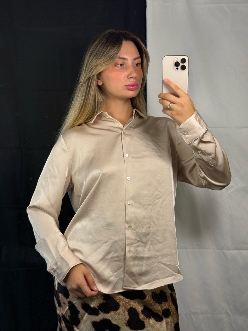 Old Navy Satin-Look Button-Up Dress Shirt in Light Beige